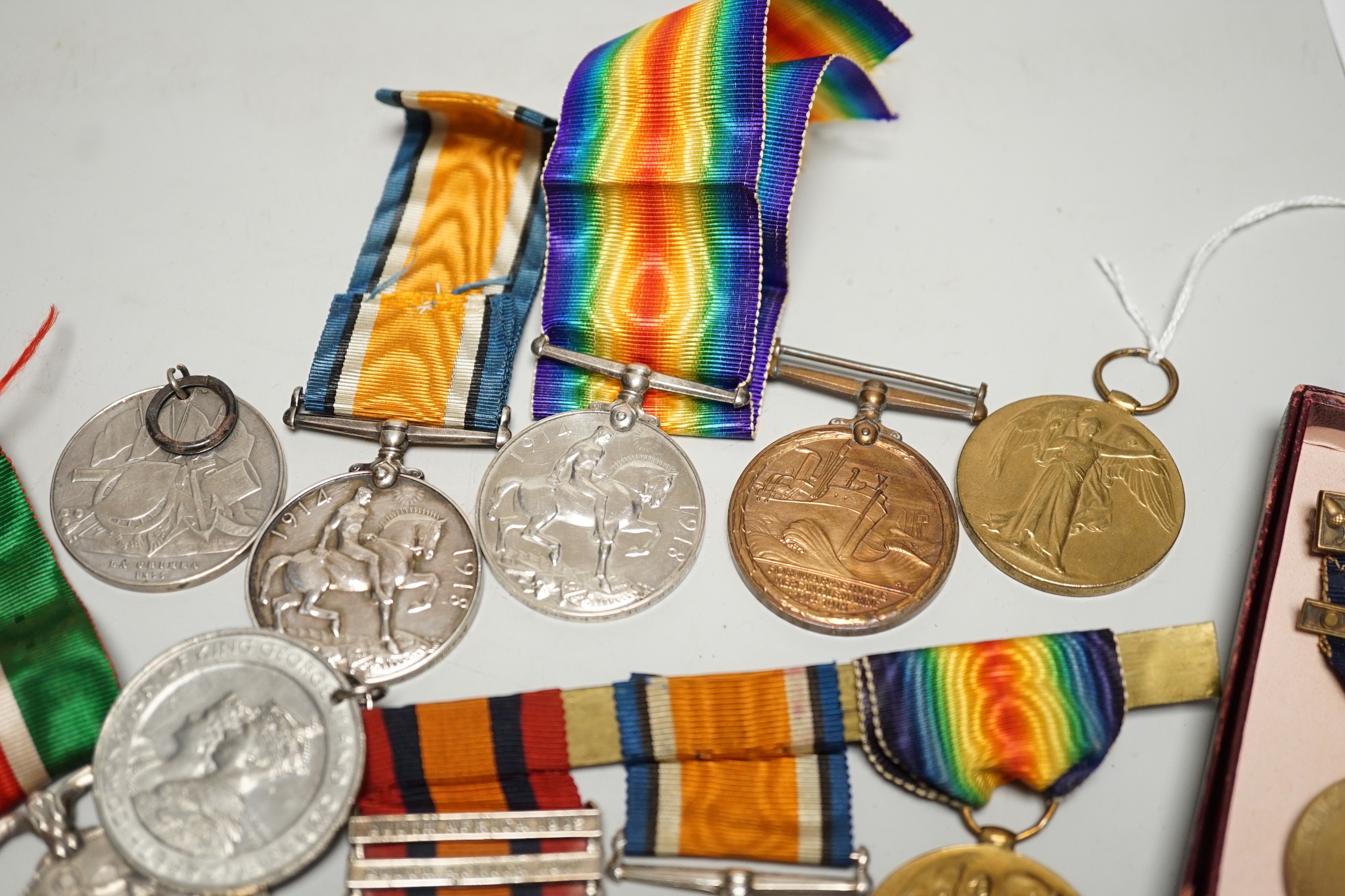 Two pairs of WWI medals awarded to 5761 SJT. A. E. GUNN. R. E. and SD-288 PTE. W. H. BROAD. R. SUSS. R. , another WWI medal to 553092 SPR. T. F. NEARY. R. E. , a South Africa medal with 5 bars to 5761 SAPPER A. E. GUNN.
